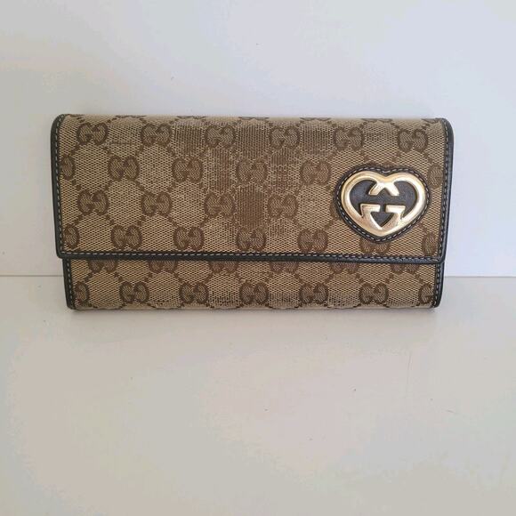 GUCCI Signature Envelope Wallet GG Canvas Lovely Heart Brown Tan Clutch Large - Picture 1 of 8